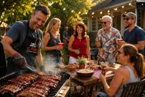 Friends and family enjoying a backyard barbecue with tender, juicy pork ribs on the grill.